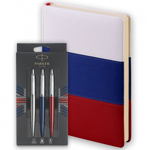 Набор Parker Jotter London Trio: гелевая ручка Red CT + шариковая ручка Blue CT + карандаш Stainless Steel CT и ежедневника триколор в Казани